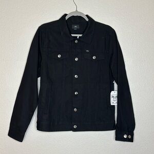 RARE OBEY Black denim jacket with screenprinted design on inside.
